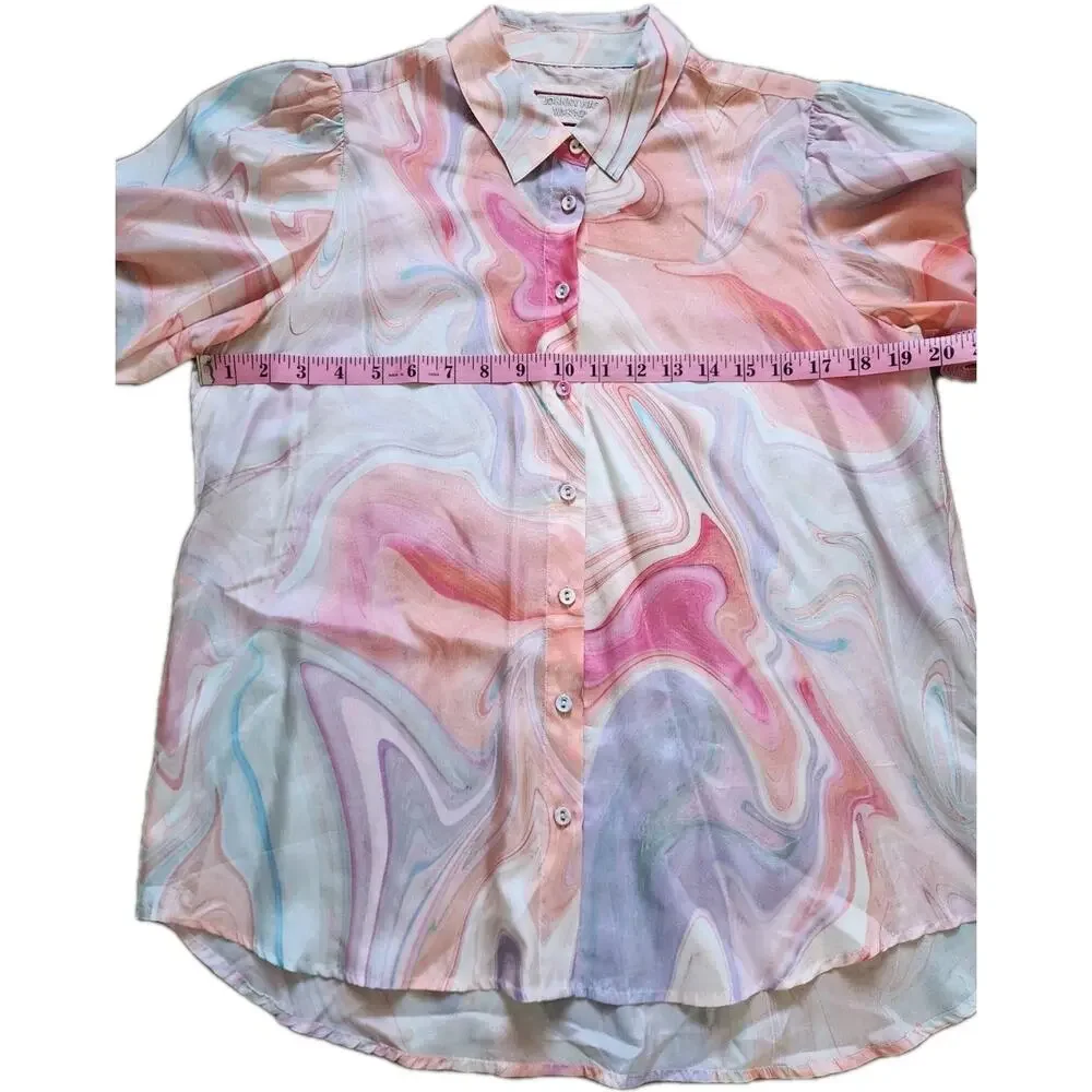 Johnny Was Silk Blouse Size S Pink Multicolor Marble Swirl Print Puff Sleeve